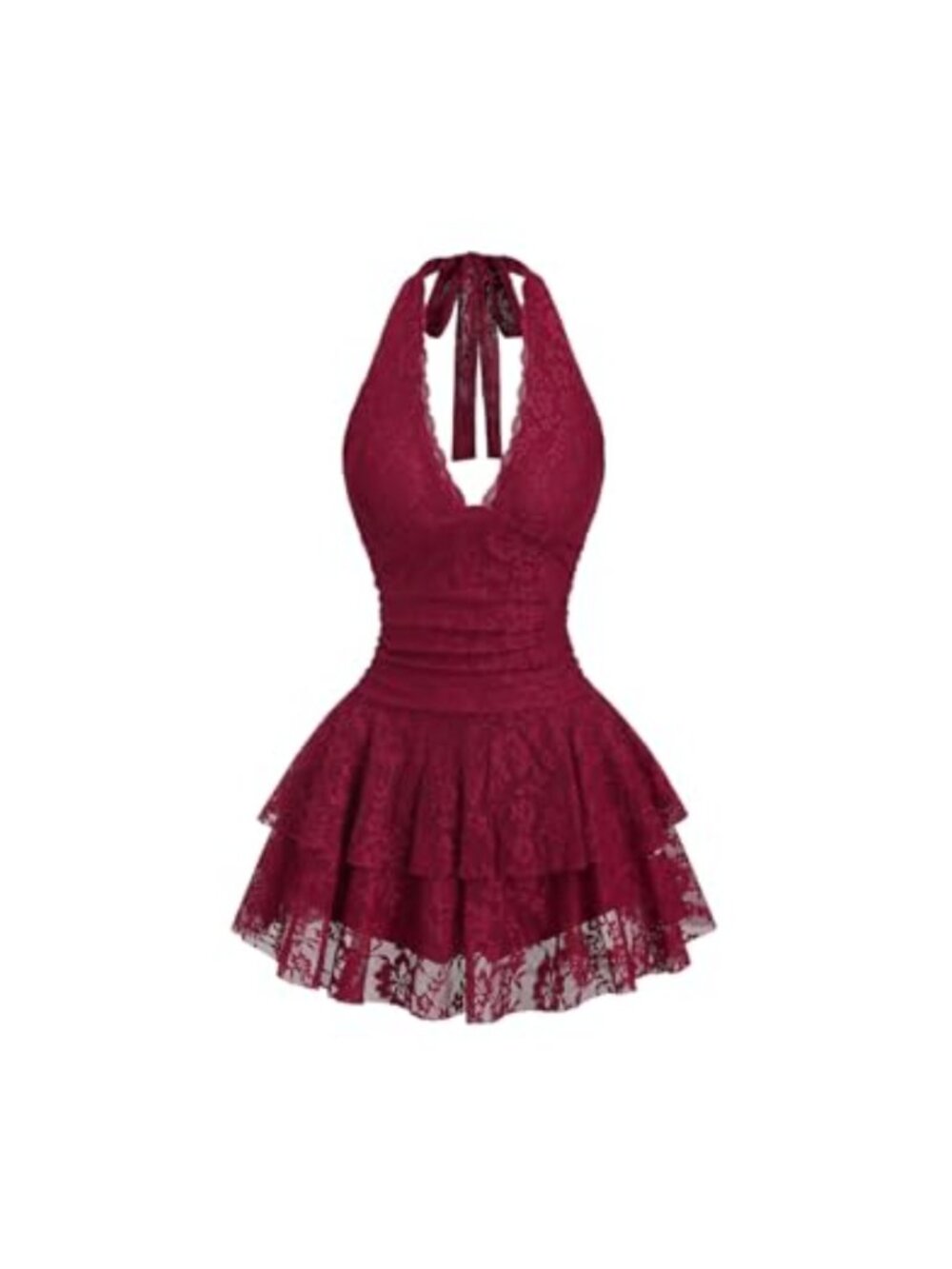 Lace Halter Mini Dress Deep V Neck Backless Ruffle Bodycon Party